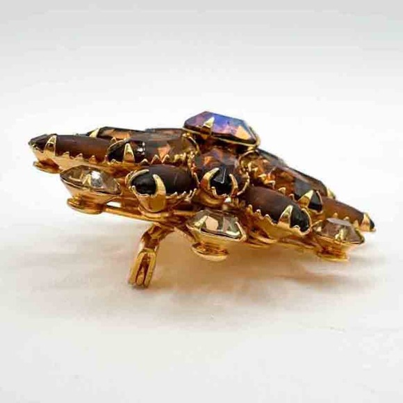 Vintage Signed Judy Lee Rhinestone Brooch Amber Aurora Borealis Star 2" c1970s - Picture 7 of 12